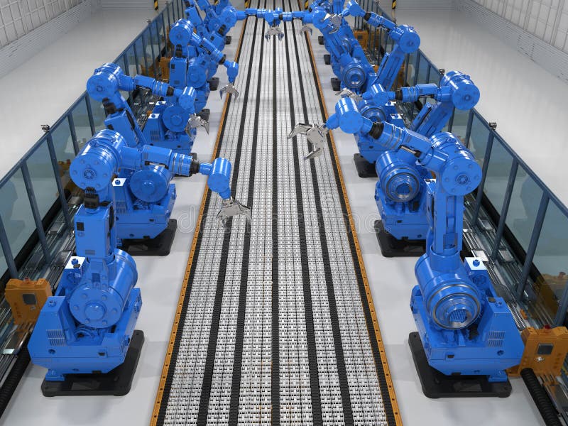 Robot arms with conveyor line stock illustration