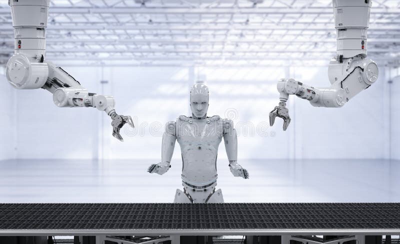 Robot arm with conveyor line stock illustration