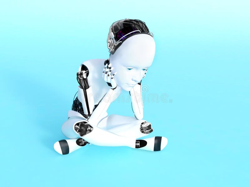 3D rendering of a robot child thinking. stock illustration