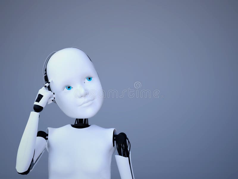 3D rendering of a robot child thinking. stock illustration