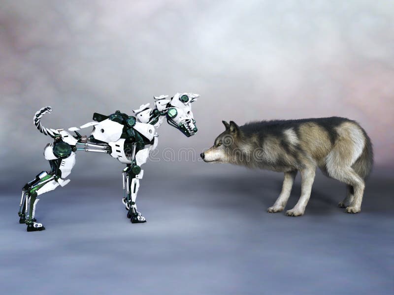 3D Rendering of a Robot Dog Meeting a Wolf Stock Illustration -  Illustration of fiction, bionic: 136571213