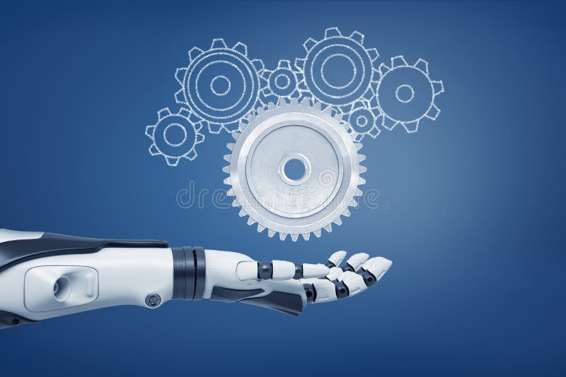 3d rendering of a robot hand with its palm open and ready to catch a light-grey metal cogwheel and unfilled cogwheels of royalty free illustration 3d rendering of a robot hand with its palm open and ready to catch a light-grey metal cogwheel and unfilled cogwheels of royalty free illustration