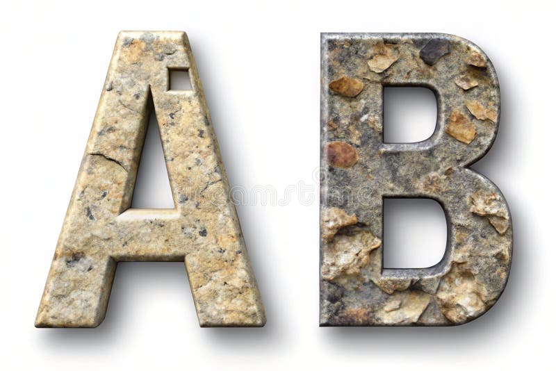 Set of rocky letters A, B and symbol left and right angle bracket. Font of stone on white background. 3d rendering royalty free illustration