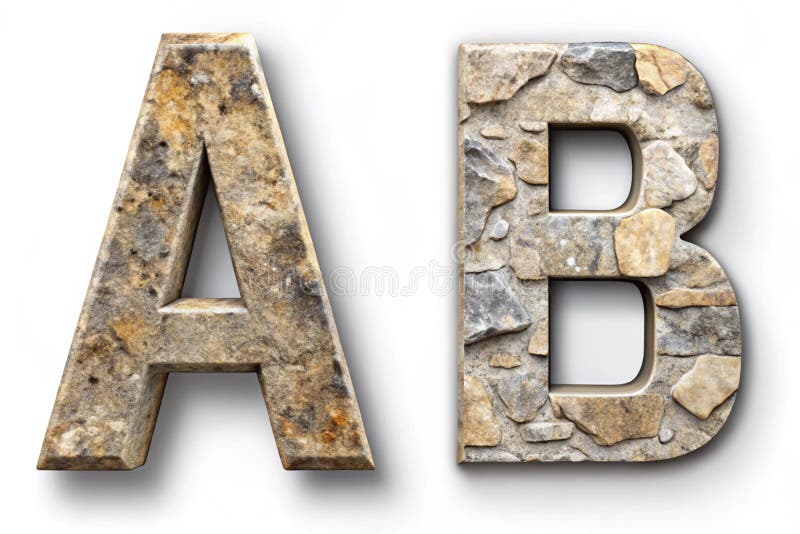 Set of rocky letters A, B and symbol left and right angle bracket. Font of stone on white background. 3d rendering royalty free illustration
