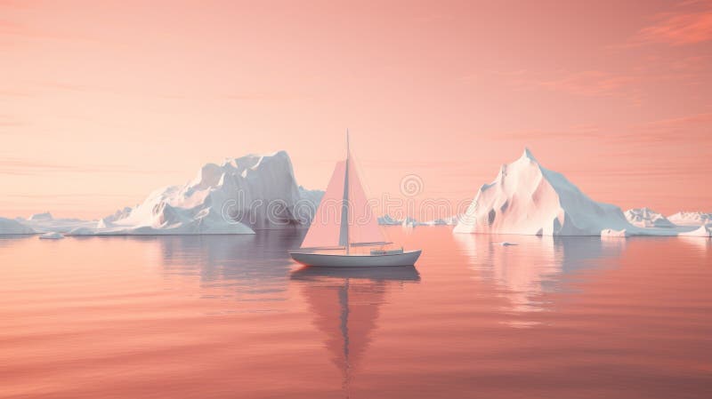 3d de ambarcațiuni cu pânze plutind în oceanul de lângă iceberguri ai stock image