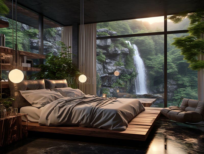 3D Rendering Schlafzimmer Design in der Nähe von Wasserfall vektor abbildung
