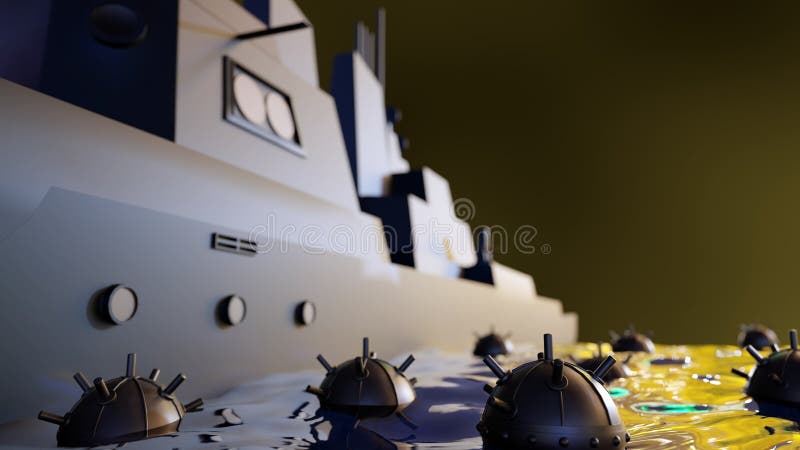 A 3D rendering of a sea mine or a naval mine placed in water and a warship. royalty free illustration