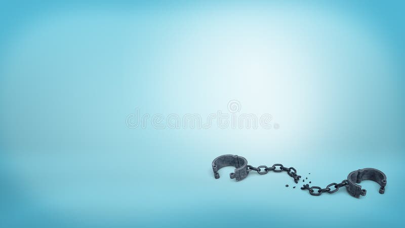 3d rendering of set of iron black handcuffs on a broken chain lying open on a blue background. vector illustration