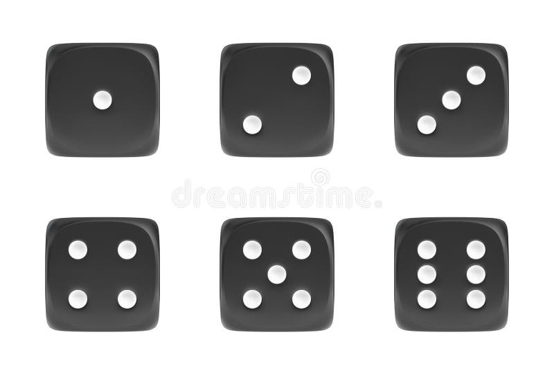 3d rendering of a set of six black dice in front view with white dots showing different numbers.