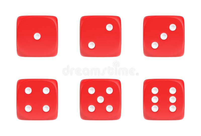 3d rendering of a set of six red dice in front view with white dots showing different numbers.