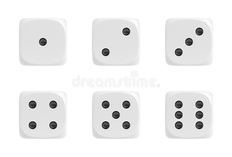 3d rendering of a set of six white dice in front view with black dots showing different numbers.