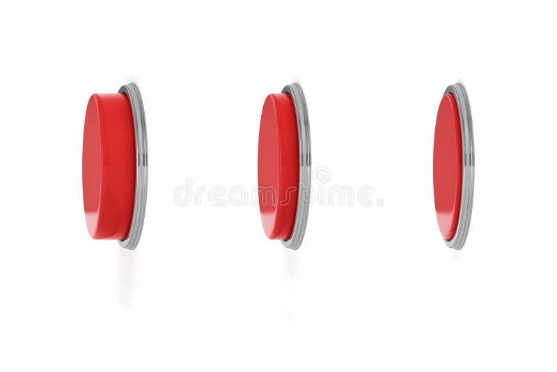 3d rendering of a set of three red round buttons in different stages of being pushed down. stock illustration 3d rendering of a set of three red round buttons in different stages of being pushed down. stock illustration