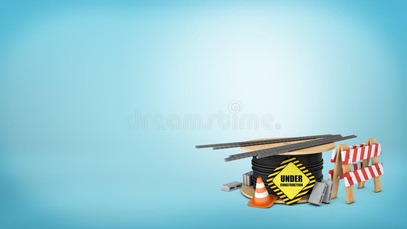 3d rendering of a several traffic cones, red and gray bricks, a road block, steel wire and beams and a road works sign. stock illustration 3d rendering of a several traffic cones, red and gray bricks, a road block, steel wire and beams and a road works sign. stock illustration