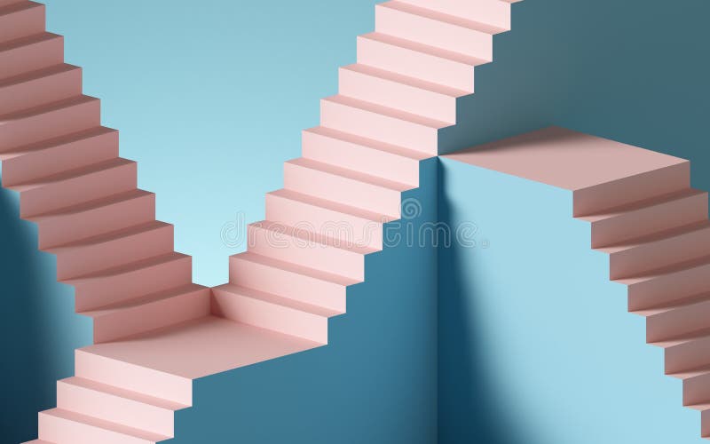 3d rendering, sfondo astratto con passi e scale, in colori rosa e blu pastello Elementi di progettazione architettonica illustrazione di stock