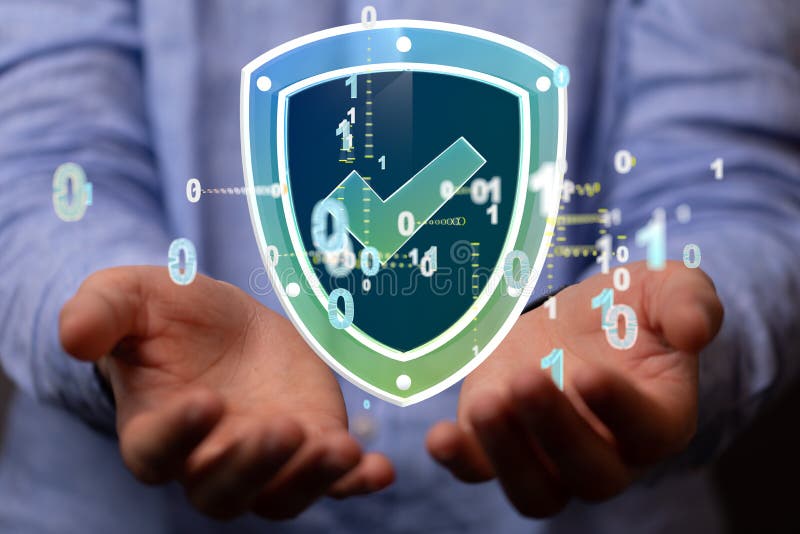 3D rendering of a shield with check and binary codes on a male&#x27;s hand royalty free illustration