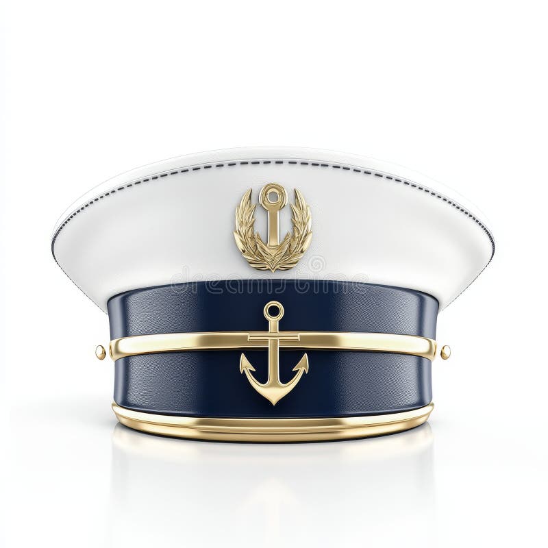 A 3D rendering showcasing the front view of a navy cap, ship officer, admiral, sailor, and a naval captain's hat. stock illustration