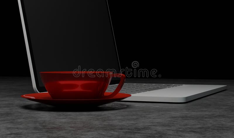 3D-Rendering-Side-View-Notebook mit Tasse Kaffee in dunkler Szene vektor abbildung