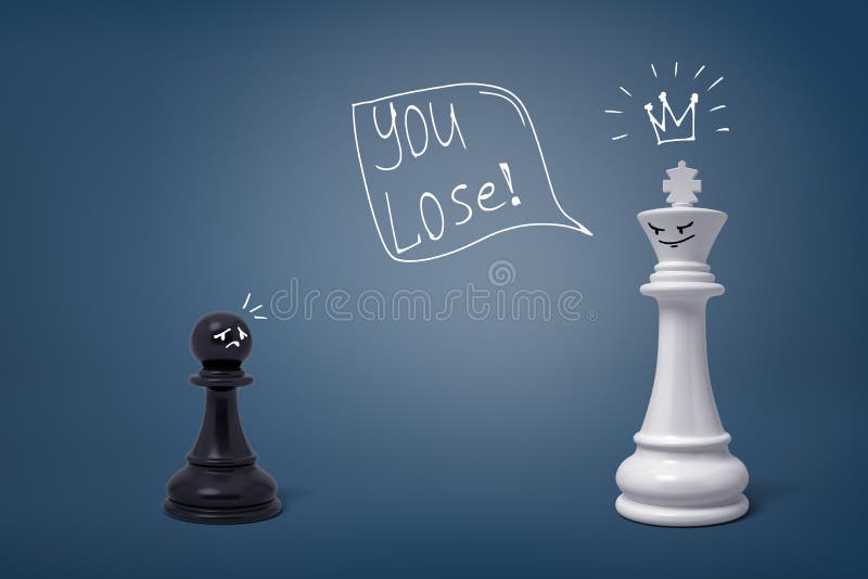 3d rendering of a small black chess pawn with a sad face stands near a victorious king figure.