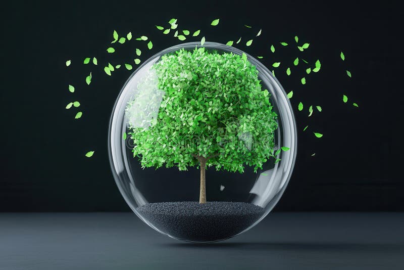 Protected Tree 3D Render Glass Sphere Green Leaves Nature Ecology Environment royalty free illustration