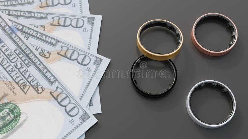 3d rendering of smart rings and hundred dollar paper bills. stock illustration