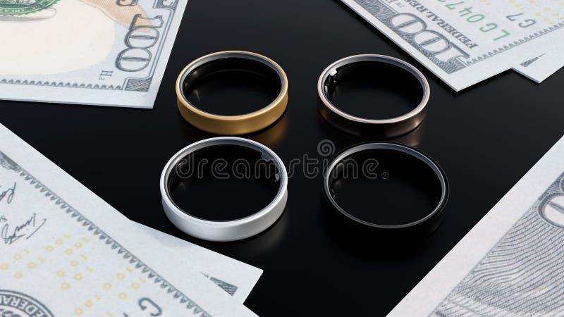 3d rendering of smart rings and hundred dollar paper bills. vector illustration