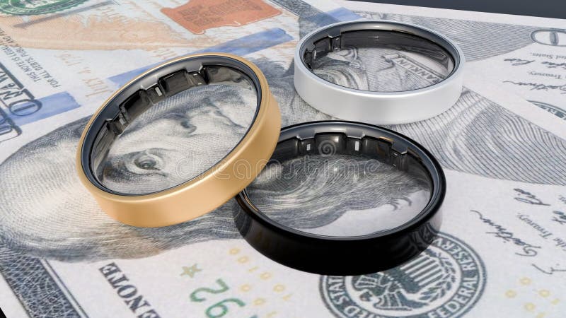 3d rendering of smart rings and hundred dollar paper bills. stock illustration