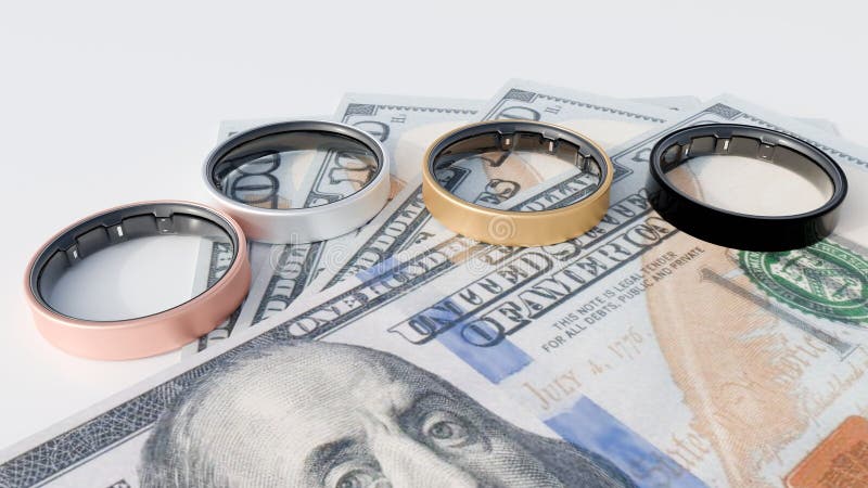 3d rendering of smart rings and hundred dollar paper bills. royalty free illustration