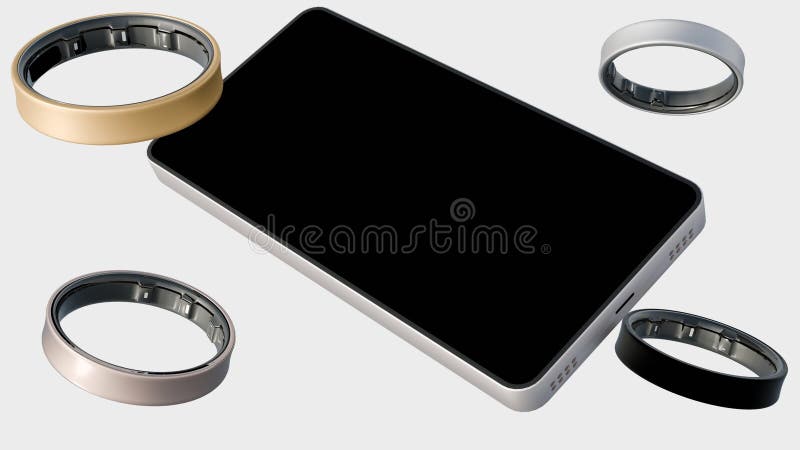 3d rendering of smart rings and a smartphone. stock illustration