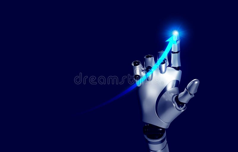3d rendering smart robot\'s hand draws rising futuristic arrow on blue background. Ai robotic. vector illustration