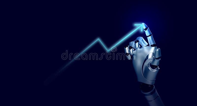 3d rendering smart robot\'s hand draws rising futuristic arrow on blue background. stock illustration