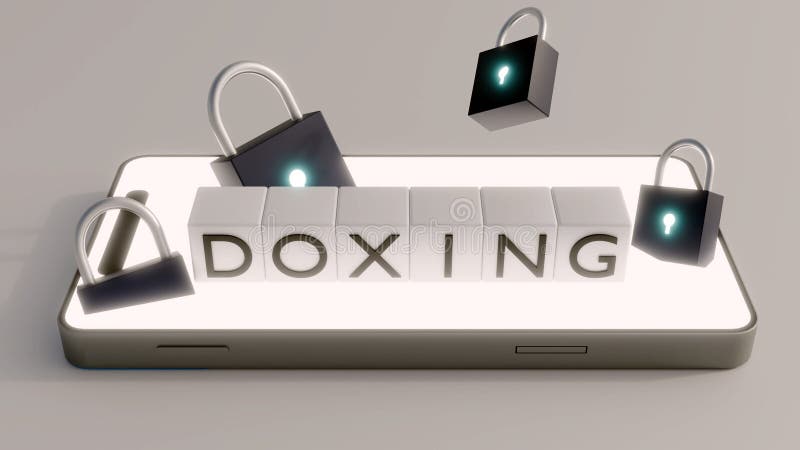 A smartphone, padlocks and cubes with the word of \'DOXING\' in it vector illustration