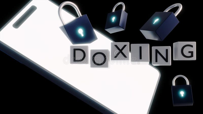 A smartphone, padlocks and cubes with the word of \'DOXING\' in it royalty free illustration