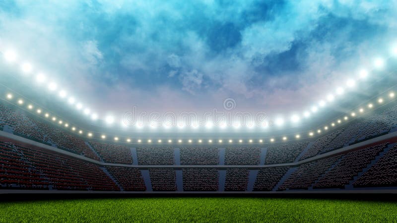 3D Rendering of soccer sport stadium, green grass during sunset with crowd of audience and bright led spot lights and white clouds