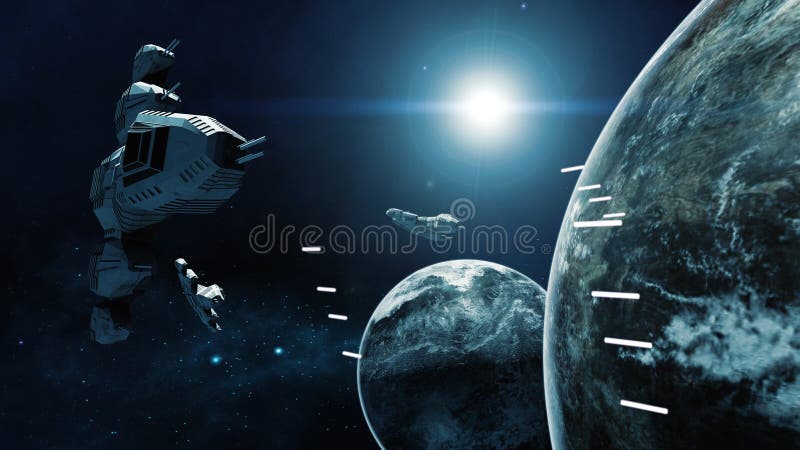 3D rendering of spaceship in battle a cosmic scene stock illustration