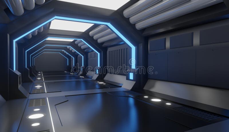 3D rendering Spaceship black interior with blue light,tunnel,big corridor, futuristic vector illustration