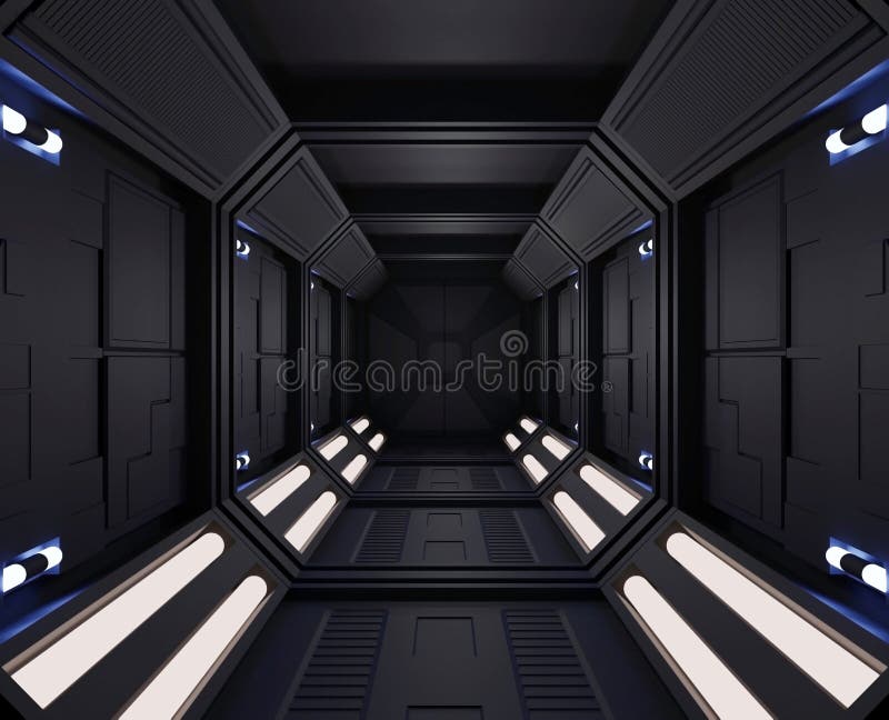 3D rendering Spaceship dark interior with view,tunnel,corridor small lights royalty free illustration