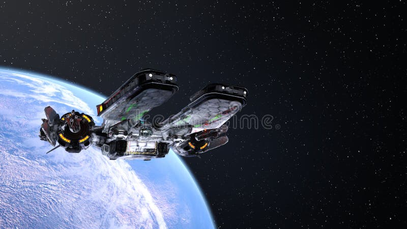 3D rendering of a spaceship and the earth.