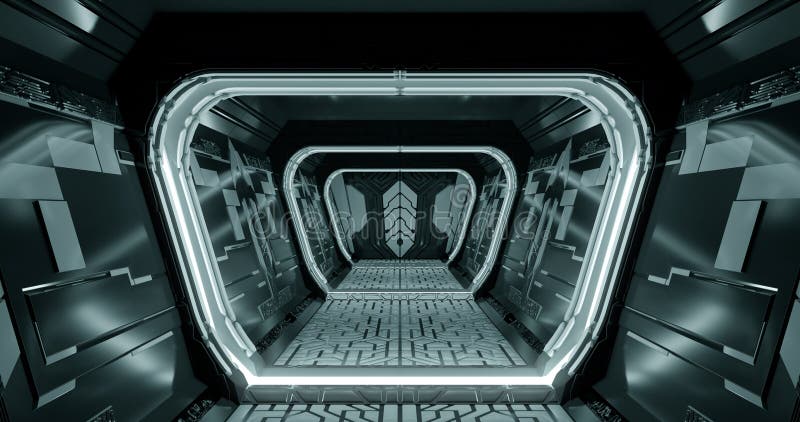 3d rendering. Spaceship or laboratory corridor in bright light. High tech. Futuristic design. royalty free illustration