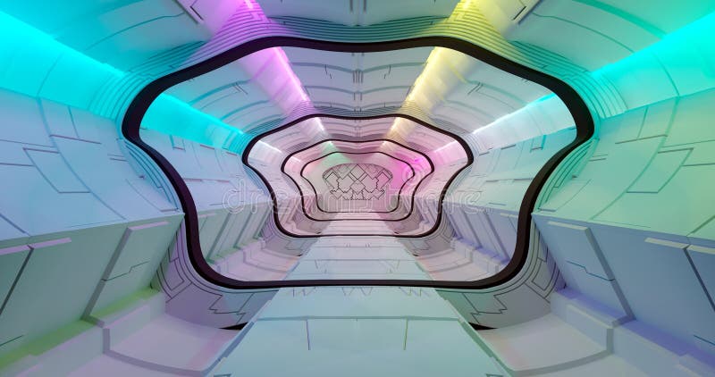 3d rendering. Spaceship or laboratory corridor in bright light. High tech. Futuristic design. stock illustration