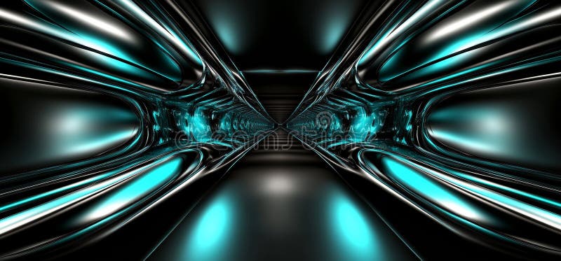 In a 3D rendering, a spaceship's underground tunnel is depicted with a dark corridor and hallway, complete with stock illustration