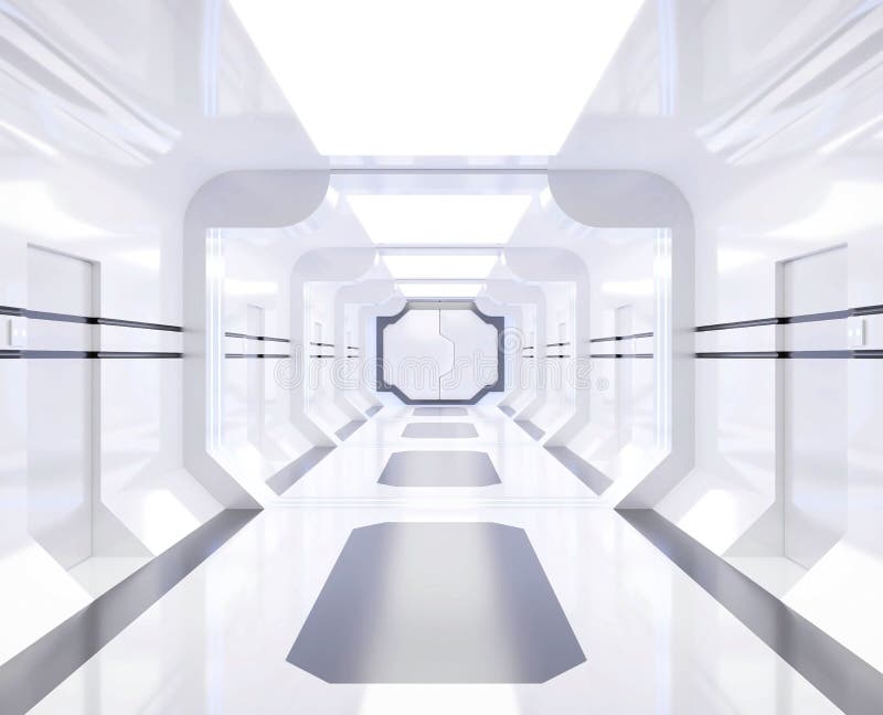3D rendering Spaceship white and bright interior with view,tunnel,corridor vector illustration