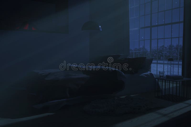 Spacious bedroom with cozy low bed illuminated by light rays at night vector illustration