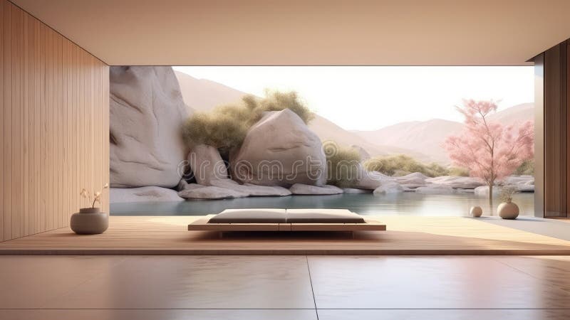 3D rendering of a spacious bedroom with a large window overlooking a lake and natural light. royalty free illustration