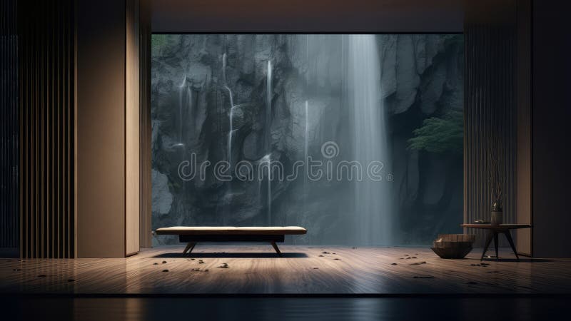 3D rendering of a spacious bedroom with a large window overlooking a waterfall nature view. stock illustration