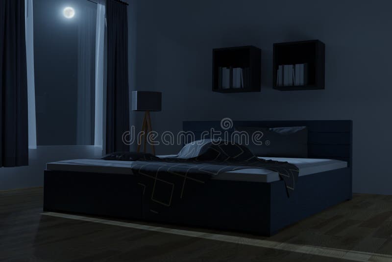 3d rendering of spacious bedroom with unmade and rumpled bed in the moonlight vector illustration
