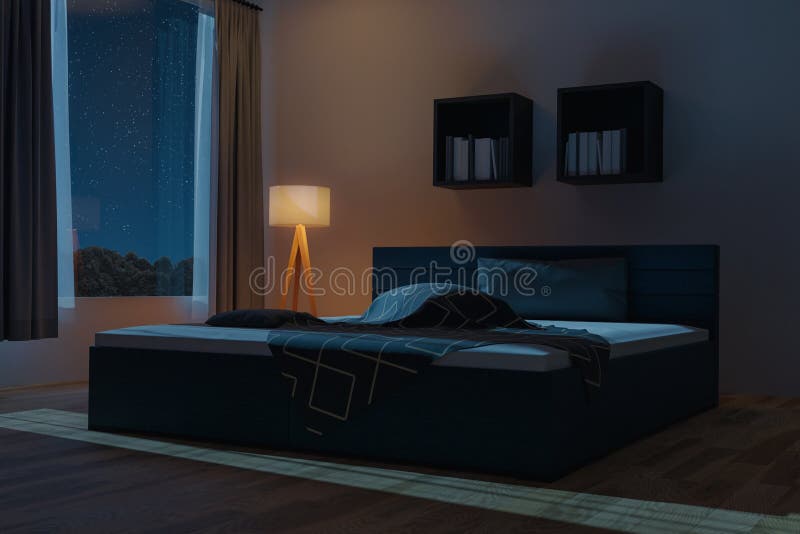 3d rendering of spacious bedroom with unmade and rumpled bed at night royalty free illustration