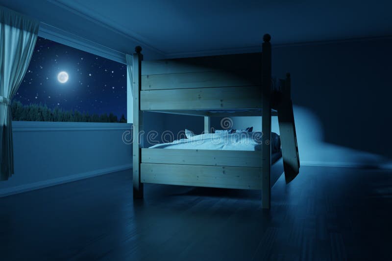 3d rendering of spacious bedroom with wooden bunk bed in the full moon light stock illustration