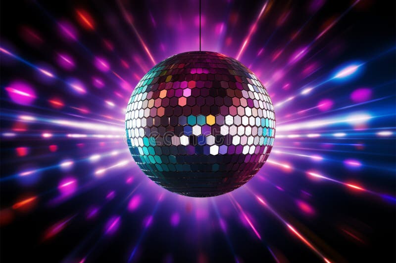 3D rendering of a sparkling disco ball amid neon lights royalty free illustration