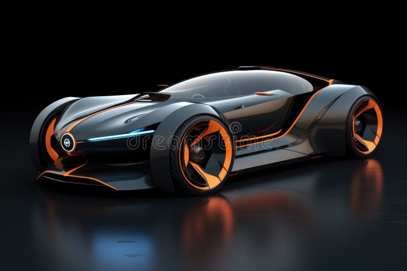 3d rendering of a sports car in neon light on a black background, Car design using digital tablet, royalty free illustration.