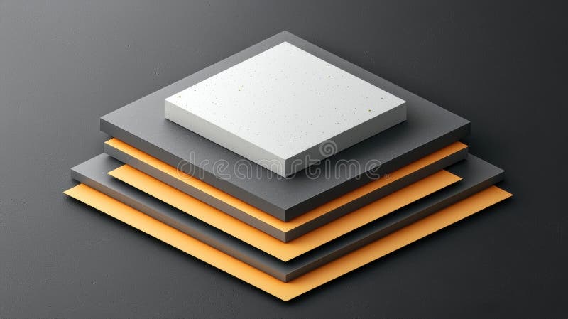 A 3D rendering of a stack of squares in varying shades of gray and orange. stock illustration
